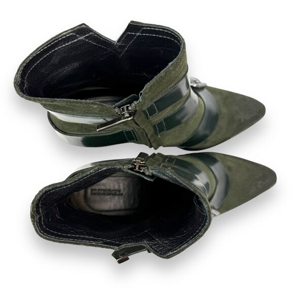 DIESEL green suede strapped buckle heeled pointed toe boots - Picture 10 of 16